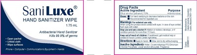 Saniluxe®  Hand Sanitizer Wipe  1.75 mL  Antibacterial Hand Sanitizer  Kills 99.9% Of Germs  Open Packet Unfold Cloth Wipe Surfaces  Phone • Computer • Communications Equipment • Hands (71489 009 Sani Luxe Label)